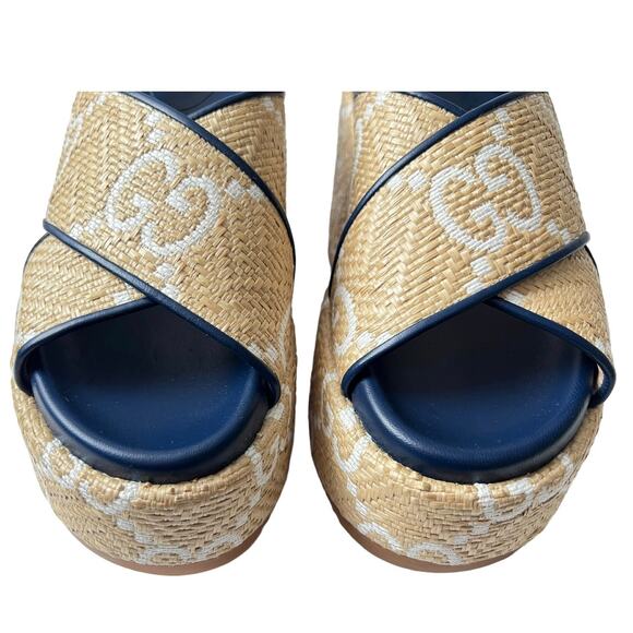 New Gucci Authentic Raffia Nappa GG Monogram Platform 703791 Sz 39 Rubber Soles - Picture 11 of 15